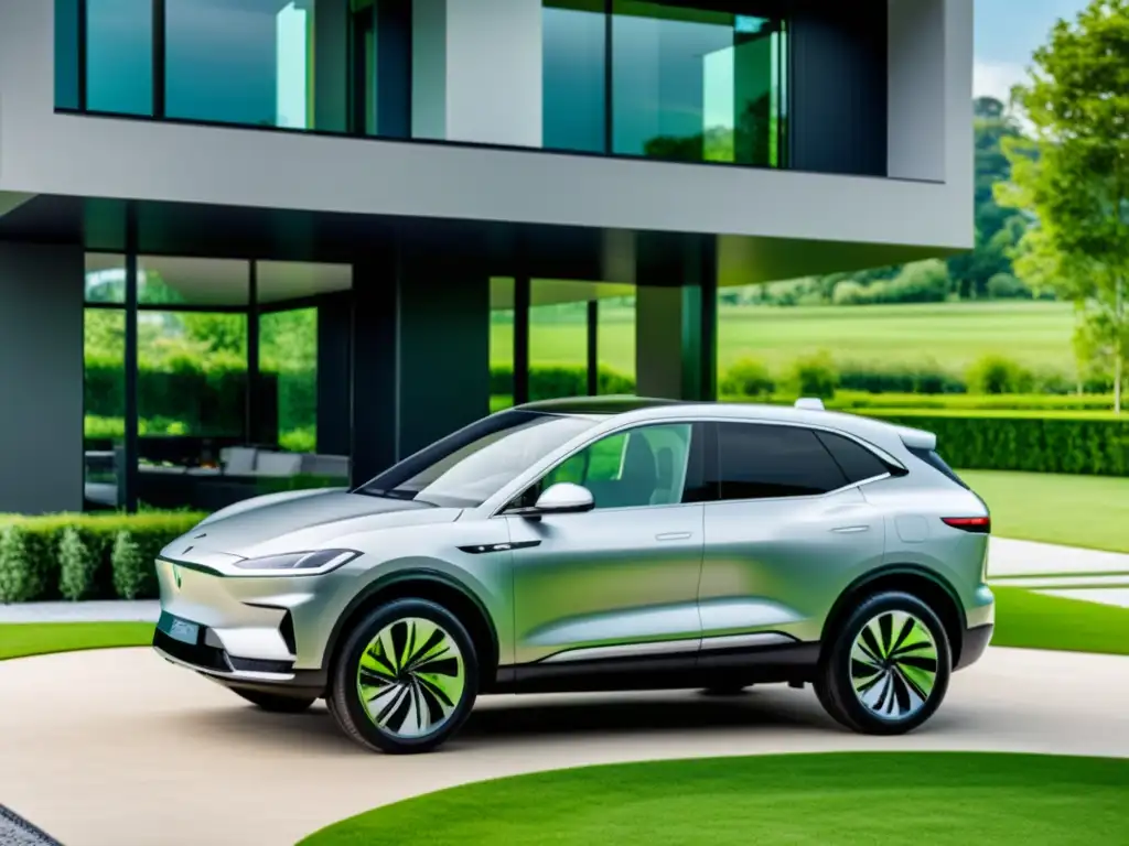 Un SUV eléctrico plateado en un camino moderno, rodeado de un paisaje verde exuberante