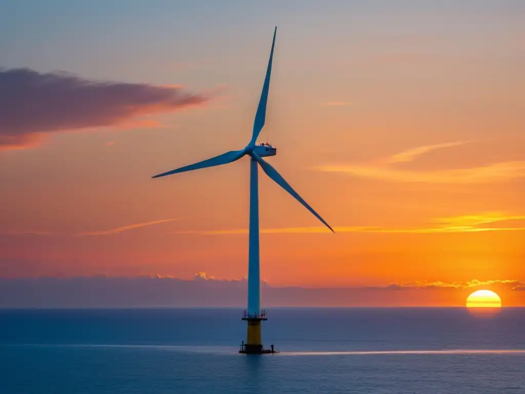 Un elegante aerogenerador offshore en calma durante un atardecer vibrante sobre el mar