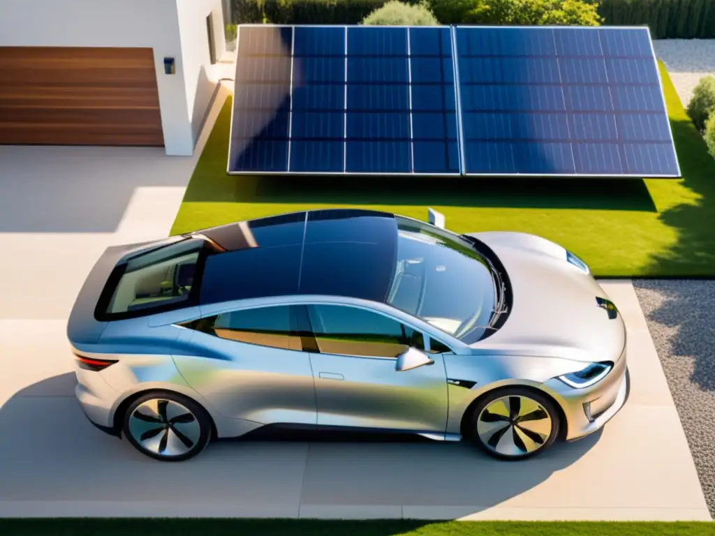 Un elegante auto eléctrico estacionado junto a paneles solares, evocando autosuficiencia con vehículos eléctricos y paneles solares