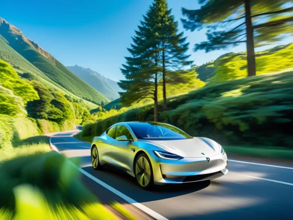 Un elegante auto eléctrico plateado se desliza por un camino arbolado, integrándose armoniosamente con la naturaleza