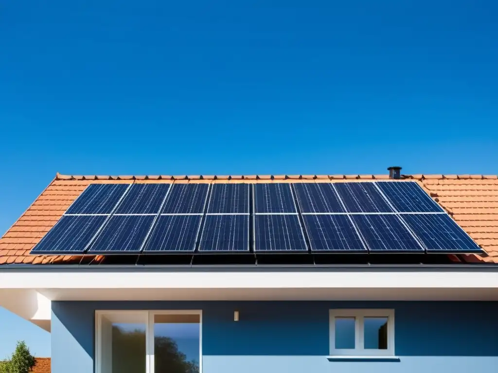 Una elegante casa moderna con paneles solares integrados en el techo, capturando la luz solar para convertirla en energía renovable