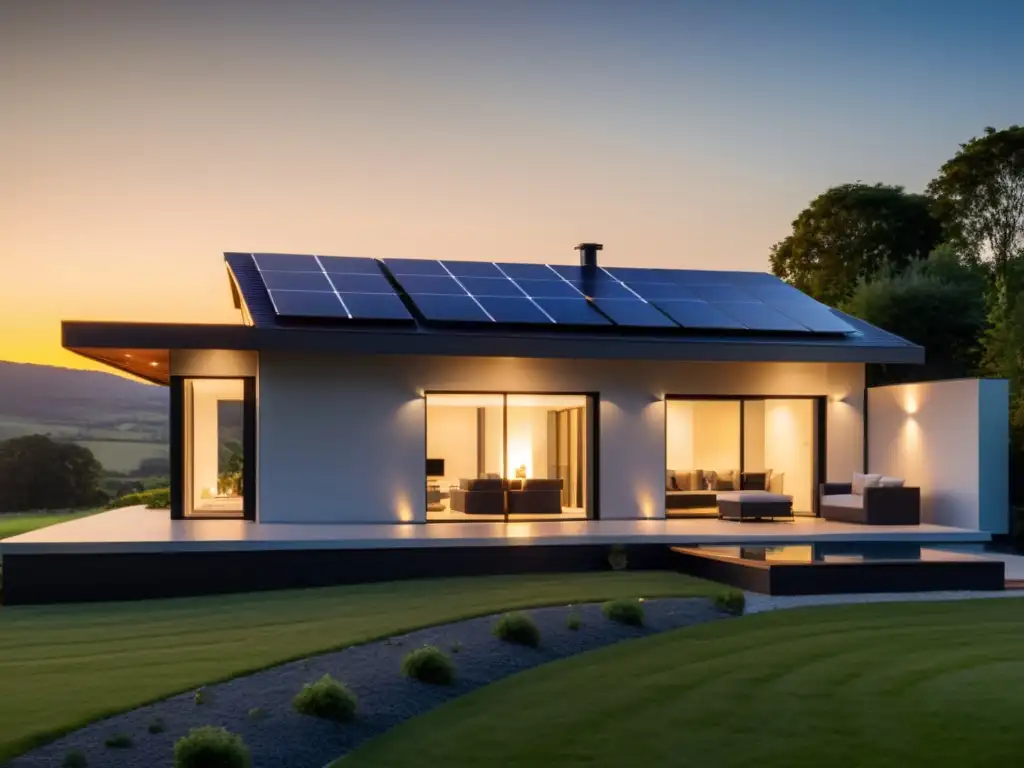 Una elegante casa moderna con paneles solares y un sistema de almacenamiento de energía sostenible