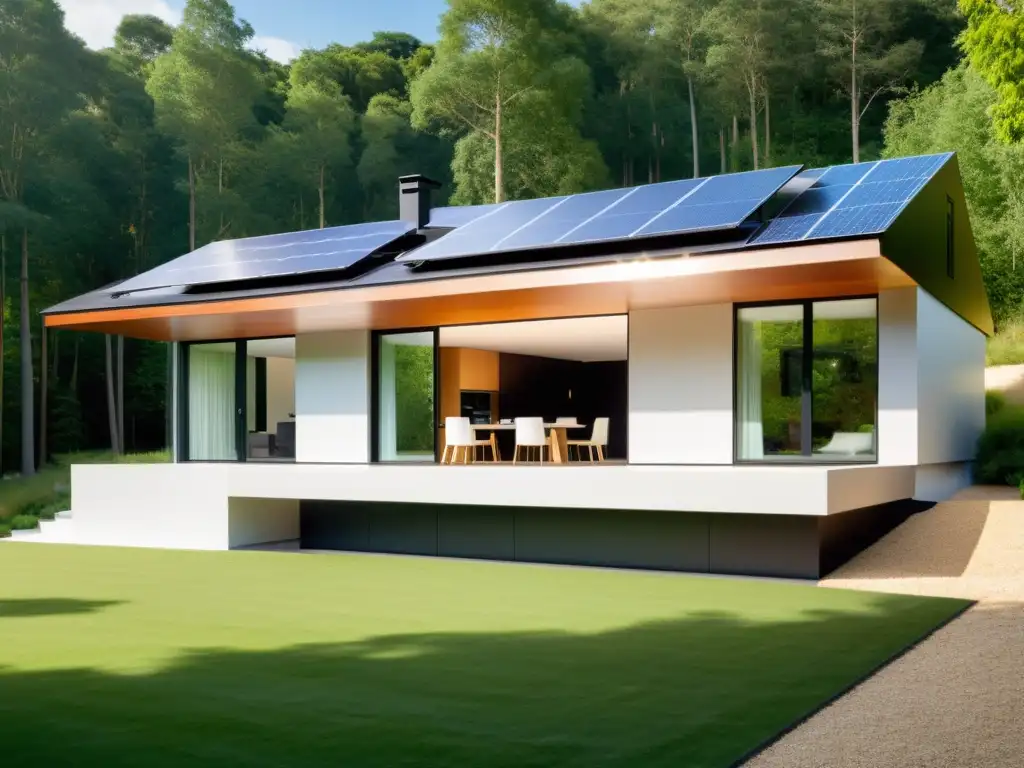 Una elegante casa moderna con sistemas de almacenamiento energético integrados, bañada por la cálida luz del sol