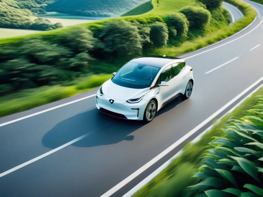 Un elegante coche eléctrico recorre una sinuosa carretera entre exuberante vegetación, transmitiendo modernidad y sostenibilidad