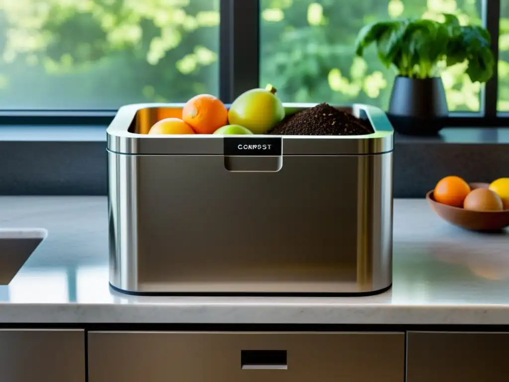 Un elegante contenedor de compost de acero inoxidable en una cocina contemporánea, iluminado por luz natural