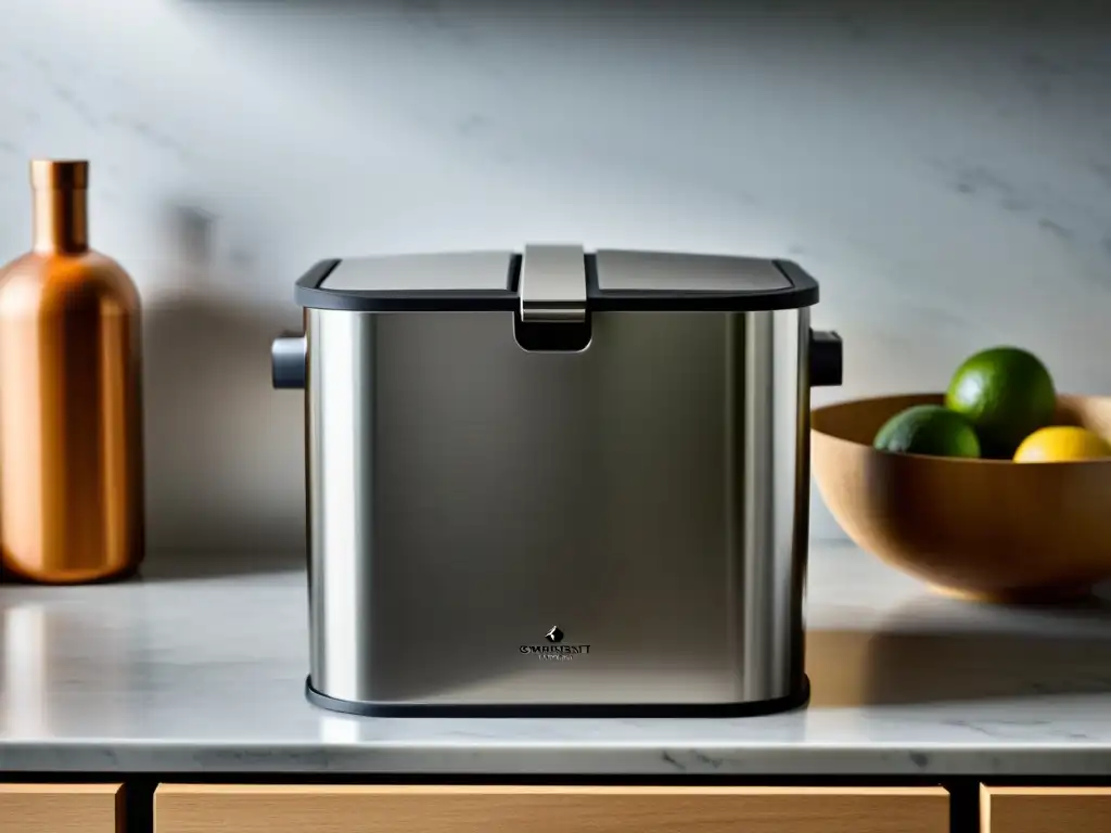 Un elegante contenedor de compostaje de acero inoxidable en una cocina