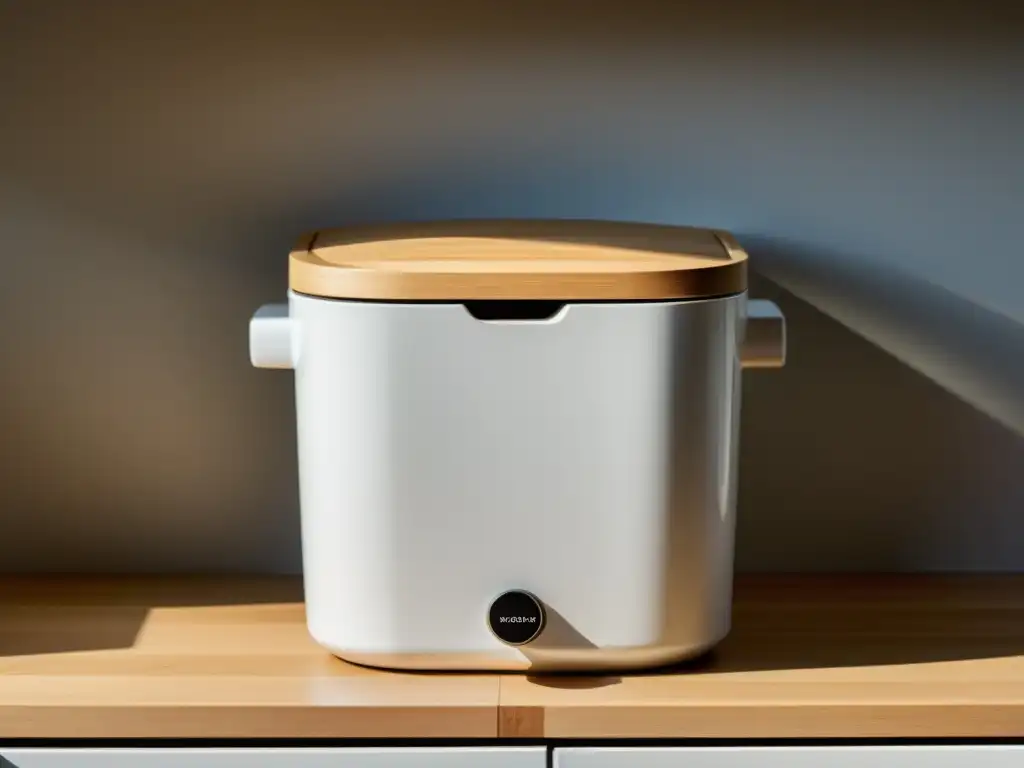 Un elegante contenedor de compostaje Bokashi, método japonés compostaje doméstico, en una cocina minimalista con luz natural