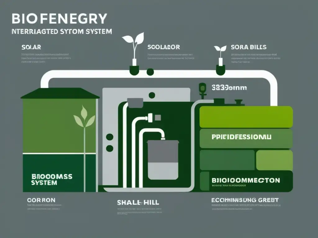 Un elegante diagrama minimalista que muestra los componentes interconectados de un sistema integrado de bioenergía, con calidez y eficiencia