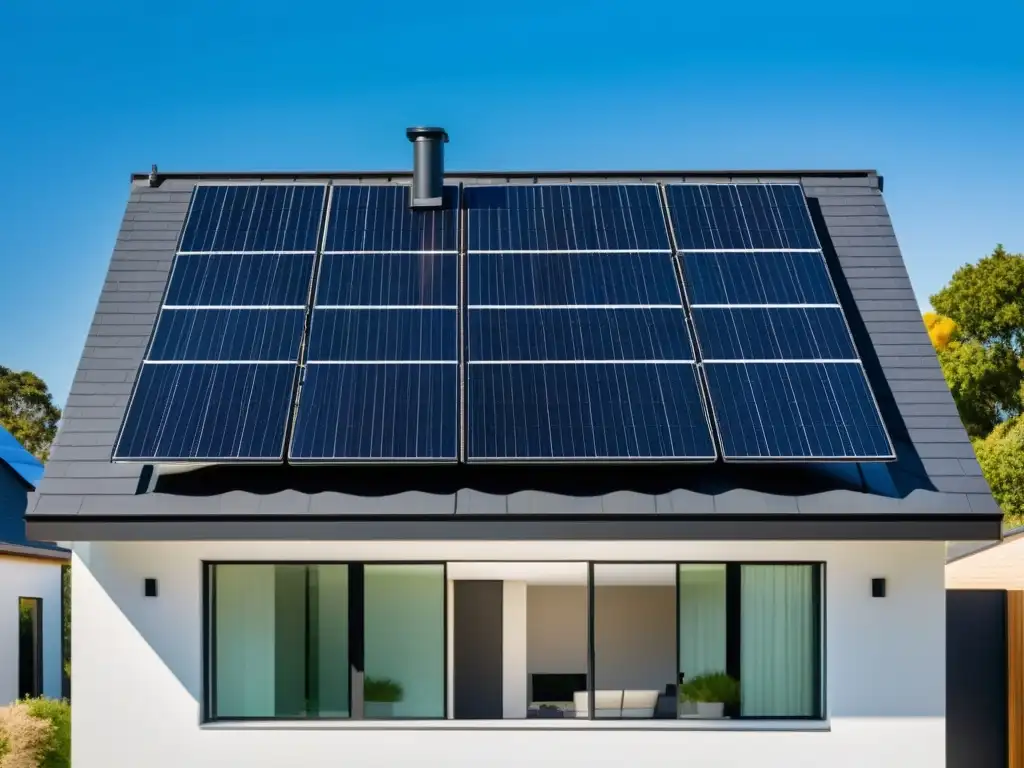 Una elegante integración de paneles solares en una casa moderna y sostenible, capturando la energía del sol con precisión y estilo