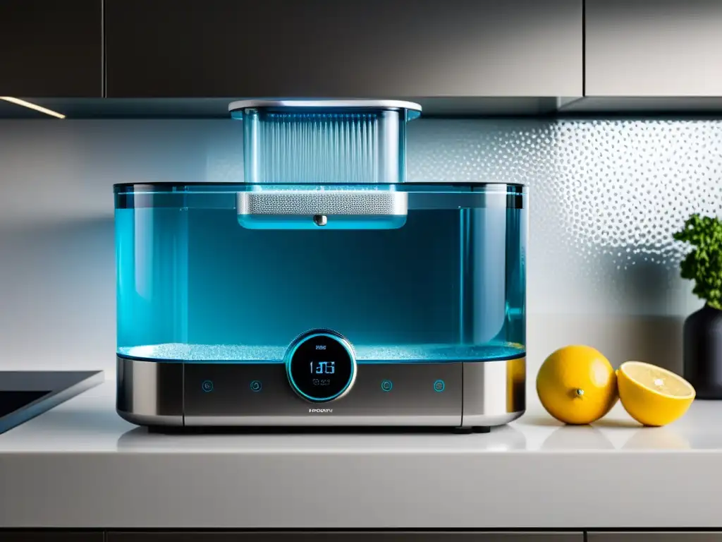 Una elegante máquina de desalinización doméstica, con diseño moderno y sofisticado, en una cocina contemporánea bien iluminada