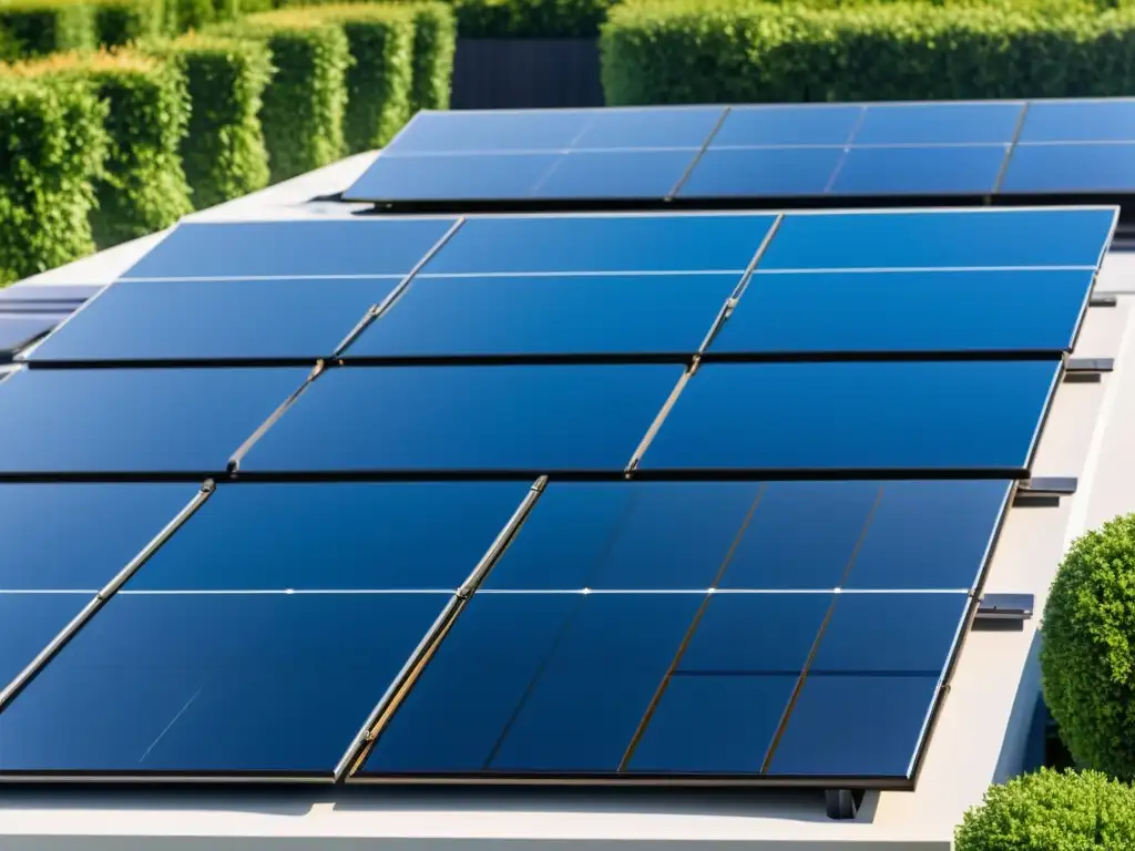 Una elegante matriz de paneles solares con luz dorada, armonía con la naturaleza y la palabra clave 'subsidios renovación energética energía solar'