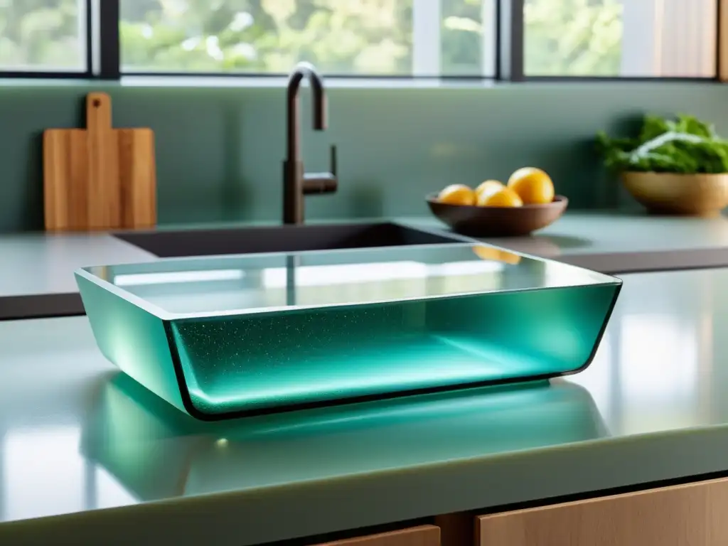 Un elegante y moderno mostrador de cocina, hecho de vidrio reciclado y materiales sostenibles, iluminado por luz natural