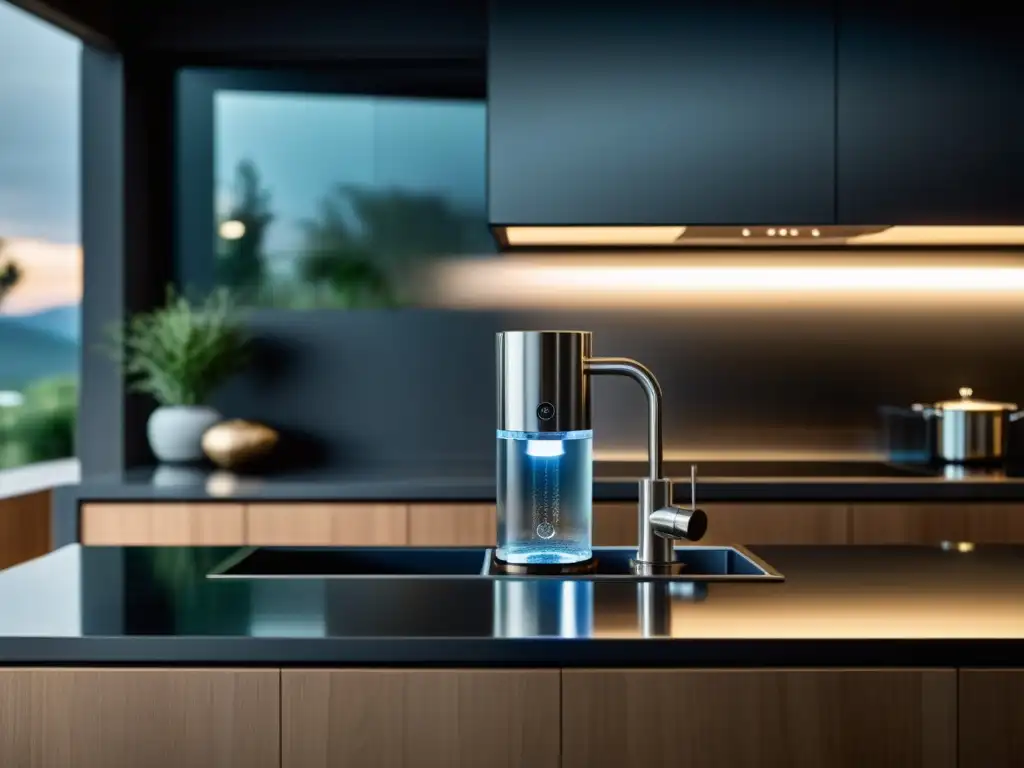 Un elegante sistema de purificación de agua casero con innovaciones en una cocina moderna con iluminación suave