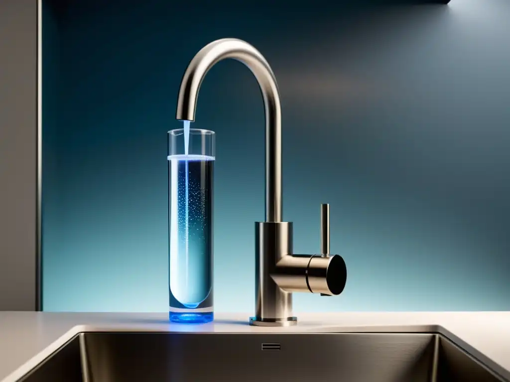 Un elegante sistema de purificación de agua con tecnologías emergentes, integrado bajo el fregadero de la cocina en un hogar sostenible