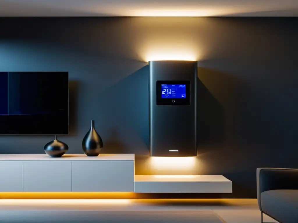 Un elegante sistema de almacenamiento energético para hogares, integrado sin fisuras en un diseño interior contemporáneo, con iluminación suave destacando su estética moderna y discreta