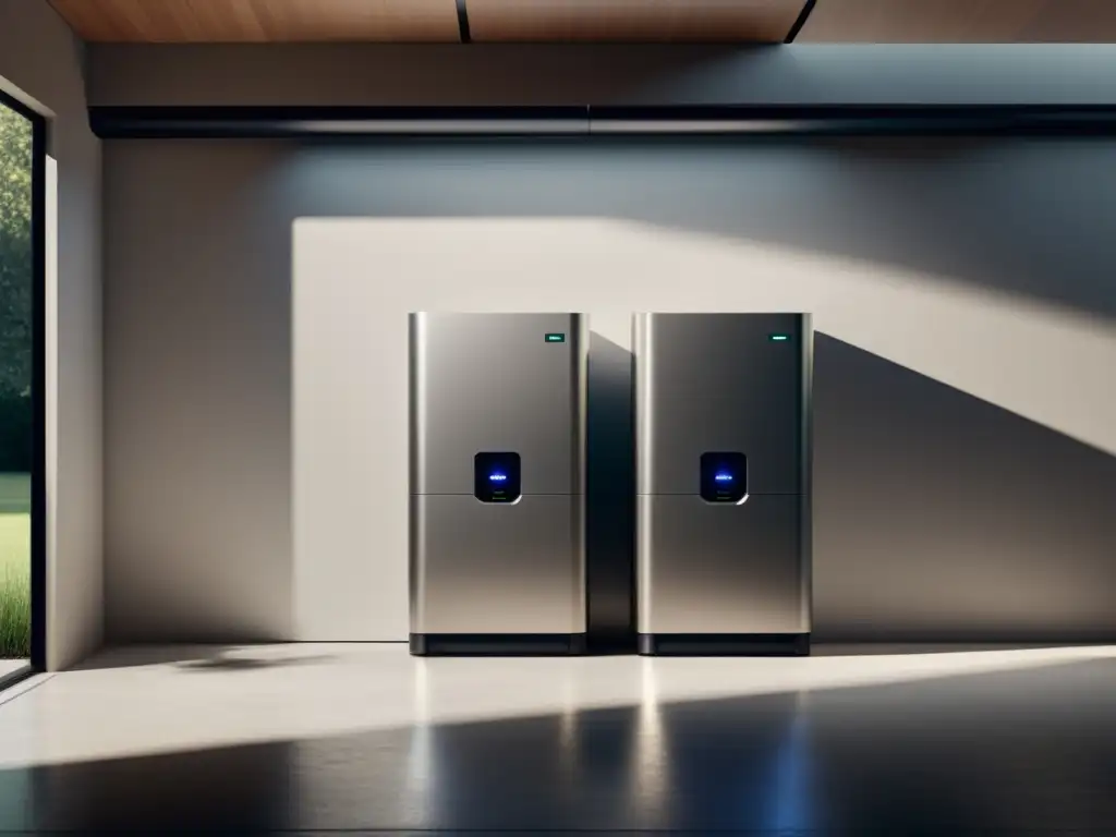 Sistema de almacenamiento de energía en garaje moderno Un elegante sistema de almacenamiento de energía para hogar sostenible en un garaje moderno, con baterías compactas y luz natural suave