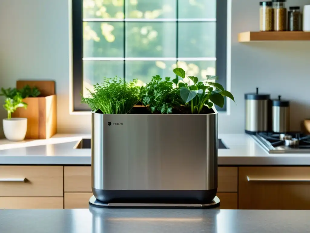 Un elegante sistema de compostaje doméstico sostenible en una cocina moderna con luz natural y toques de vegetación