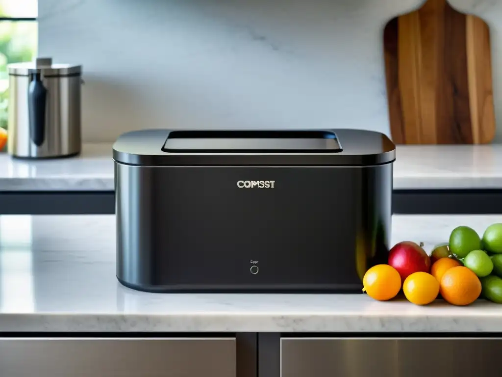Un elegante sistema de compostaje para reducir residuos orgánicos, con diseño minimalista y rodeado de productos frescos y vibrantes