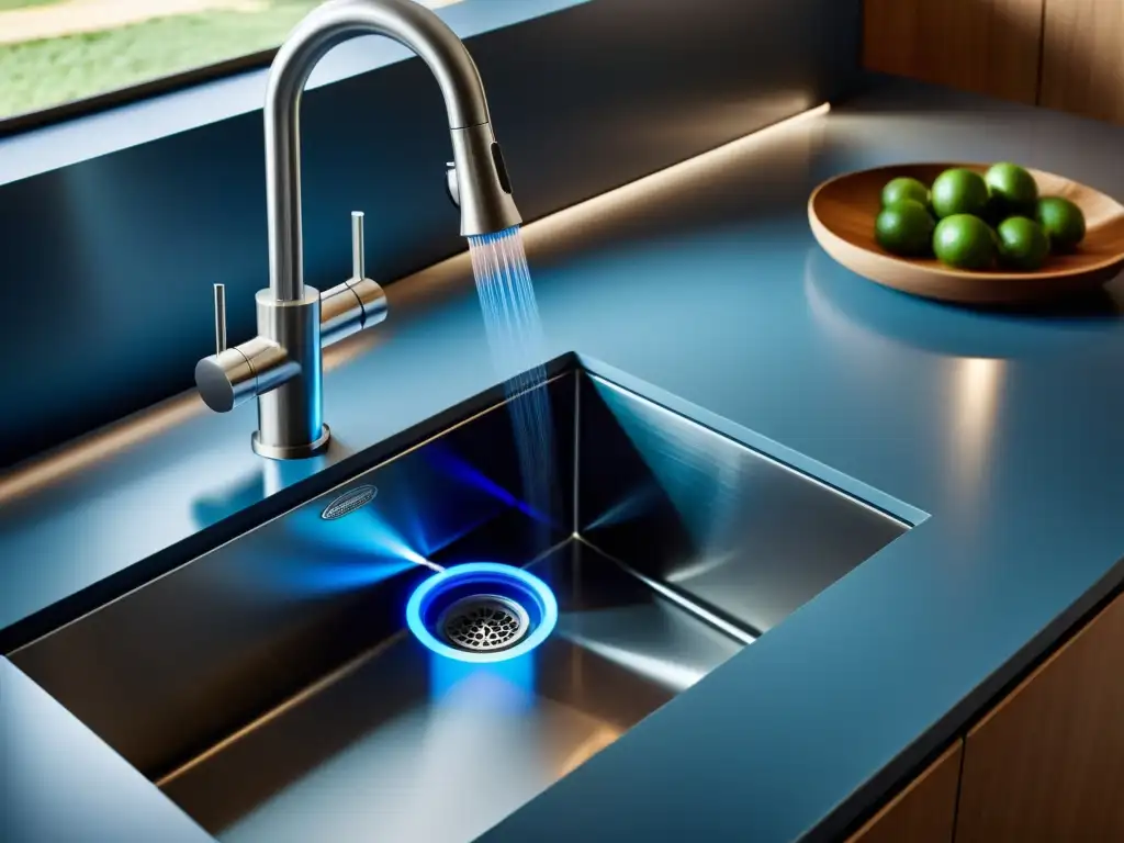 Un elegante sistema de nanofiltración para hogar sostenible integrado bajo el fregadero de cocina, con diseño minimalista y LED azules sutiles