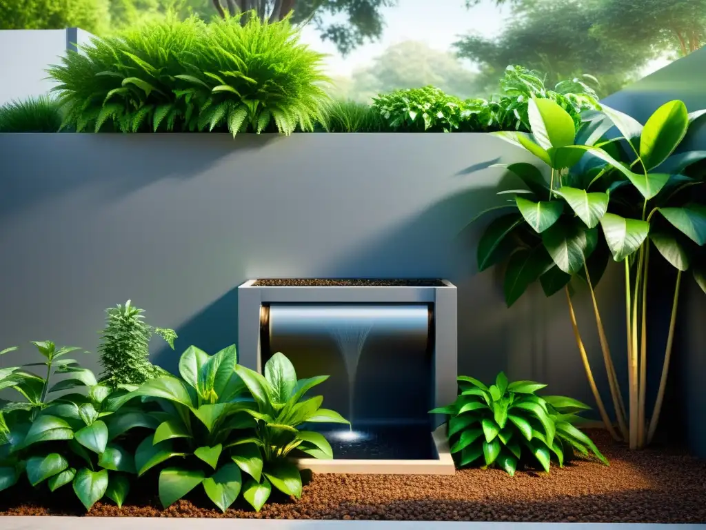 Sistema de recolección de agua lluvia: armonía natural y pureza Un elegante sistema de recogida de agua lluvia rodeado de exuberante vegetación