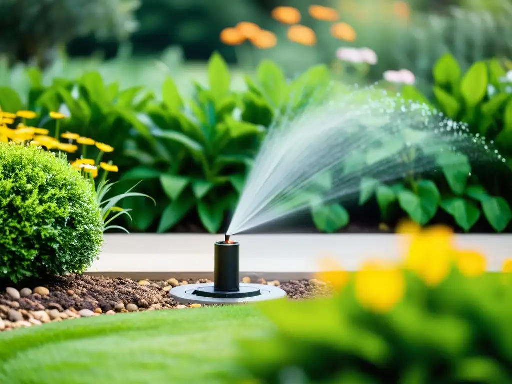 Un elegante sistema de riego inteligente para jardín se funde con la naturaleza, destacando eficiencia y armonía