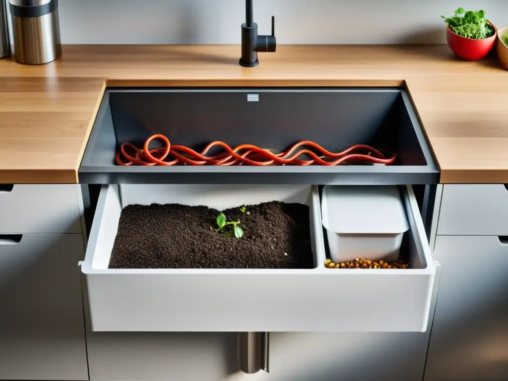 Un elegante sistema de vermicompostaje en una cocina moderna y bien iluminada, integrando armoniosamente la naturaleza y la tecnología