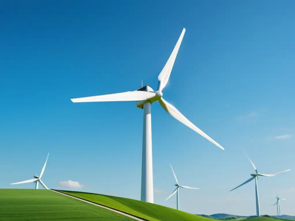 Una elegante turbina eólica se alza en contraste con el cielo azul, sus aspas blancas giran graciosamente