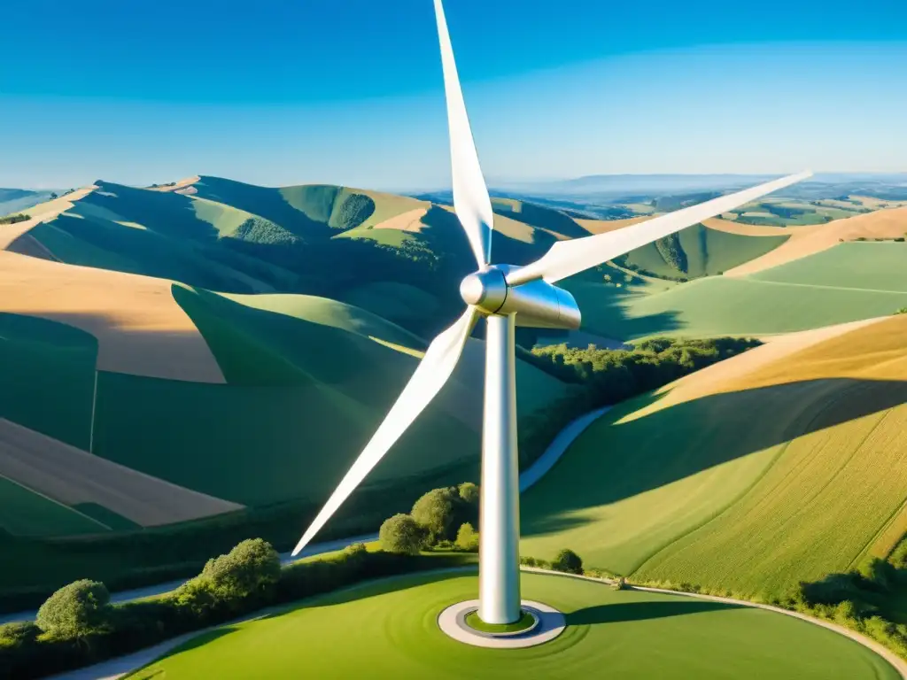 Una elegante turbina eólica con generador de levitación magnética, destacándose en un paisaje de colinas verdes y cielo azul