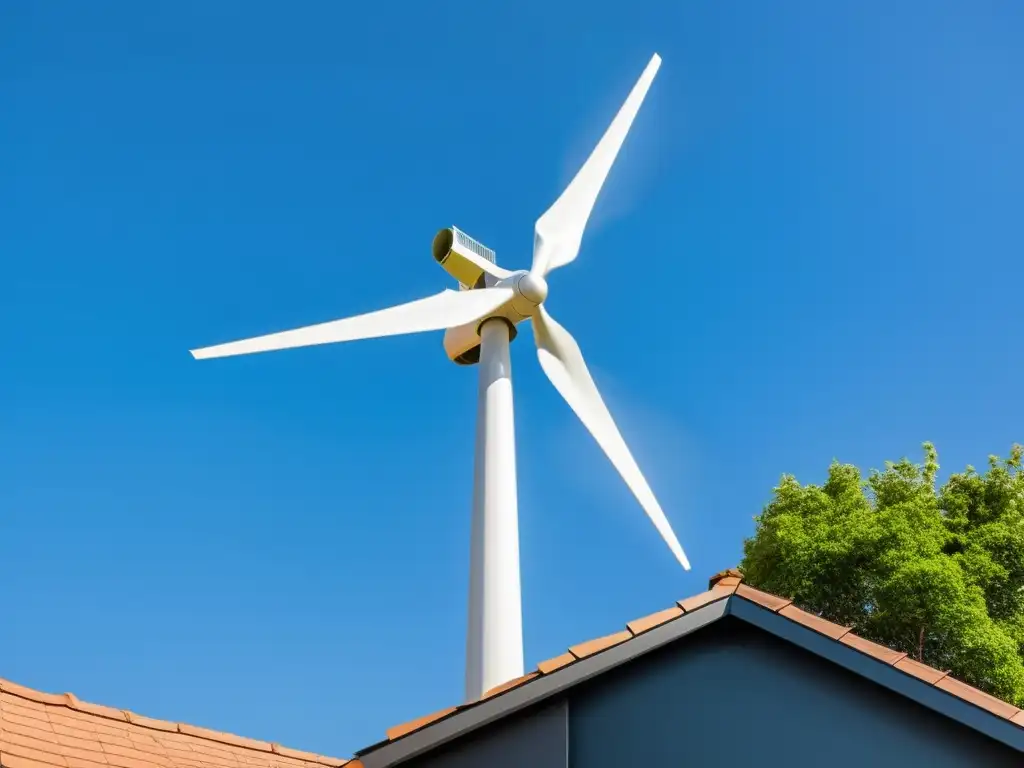 Una elegante ilustración de una mini turbina eólica integrada en el techo de una casa moderna