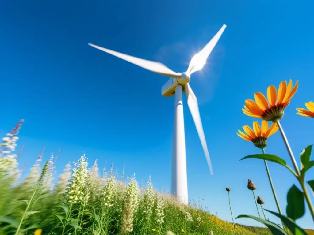 Una elegante turbina eólica moderna en movimiento, resplandeciendo bajo el sol, en armonía con la biodiversidad del entorno