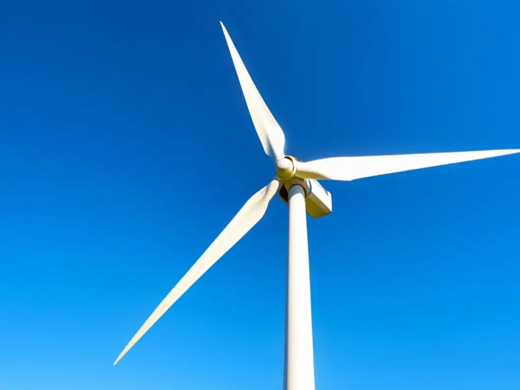 Elegante turbina eólica: energía sostenible en acción Una elegante turbina eólica residencial en un cielo azul vibrante, capturando la eficiencia y armonía de un sistema eólico hogar sostenible