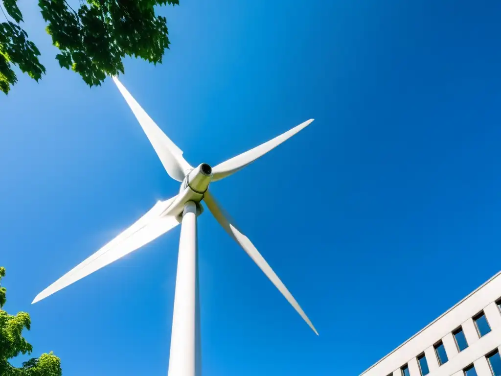 Una elegante turbina eólica urbana sostenible se alza contra el cielo azul, rodeada de edificios urbanos y árboles verdes