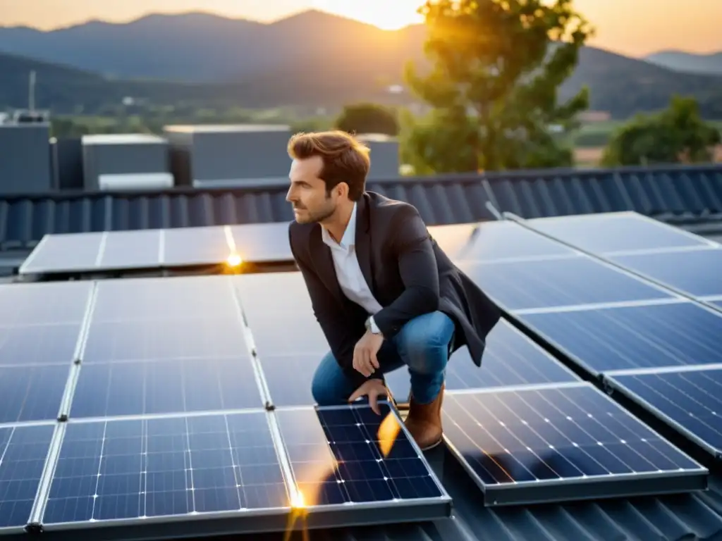 Un empresario inspecciona detenidamente la instalación de paneles solares en su oficina, con determinación bajo la cálido resplandor del sol