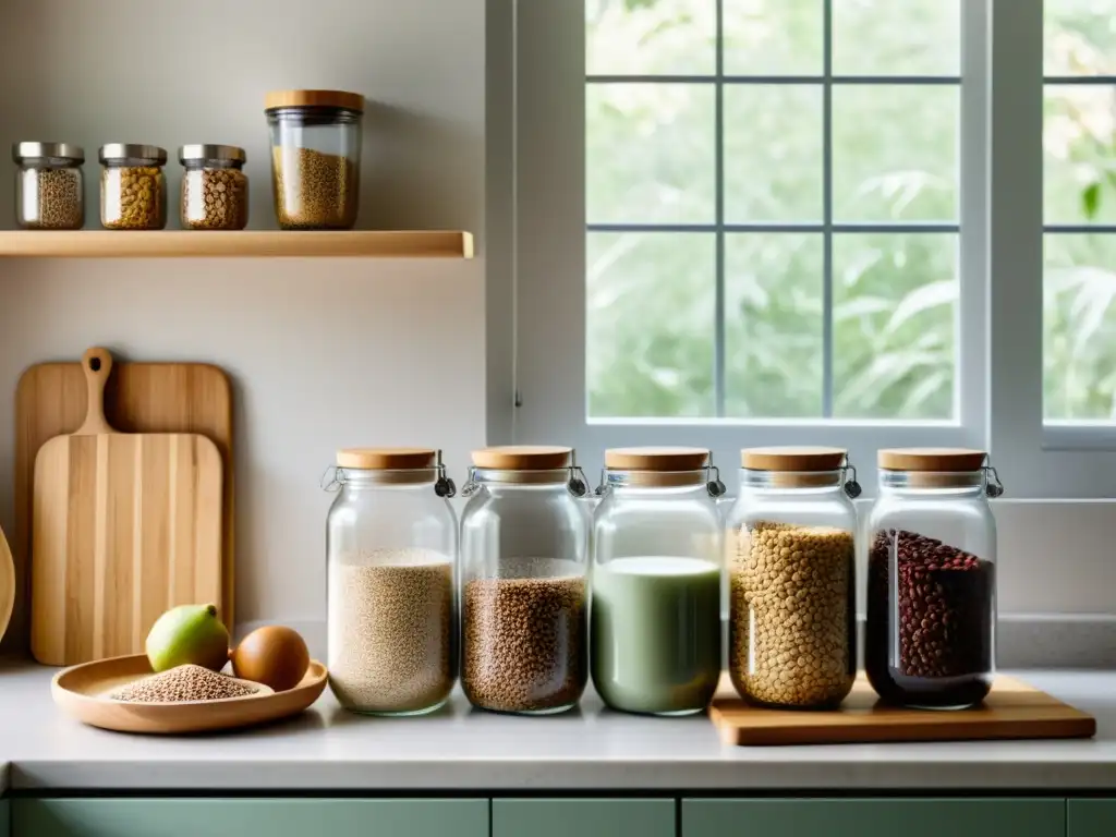 Encantadora cocina sostenible con frascos de vidrio, utensilios de bambú y botellas de acero inoxidable, reducir uso plásticos hogar sostenible