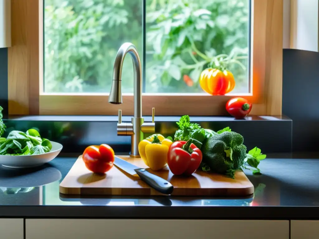 Una encimera de cocina minimalista y colorida, repleta de frutas y verduras frescas, listas para cocinar sin desperdicio