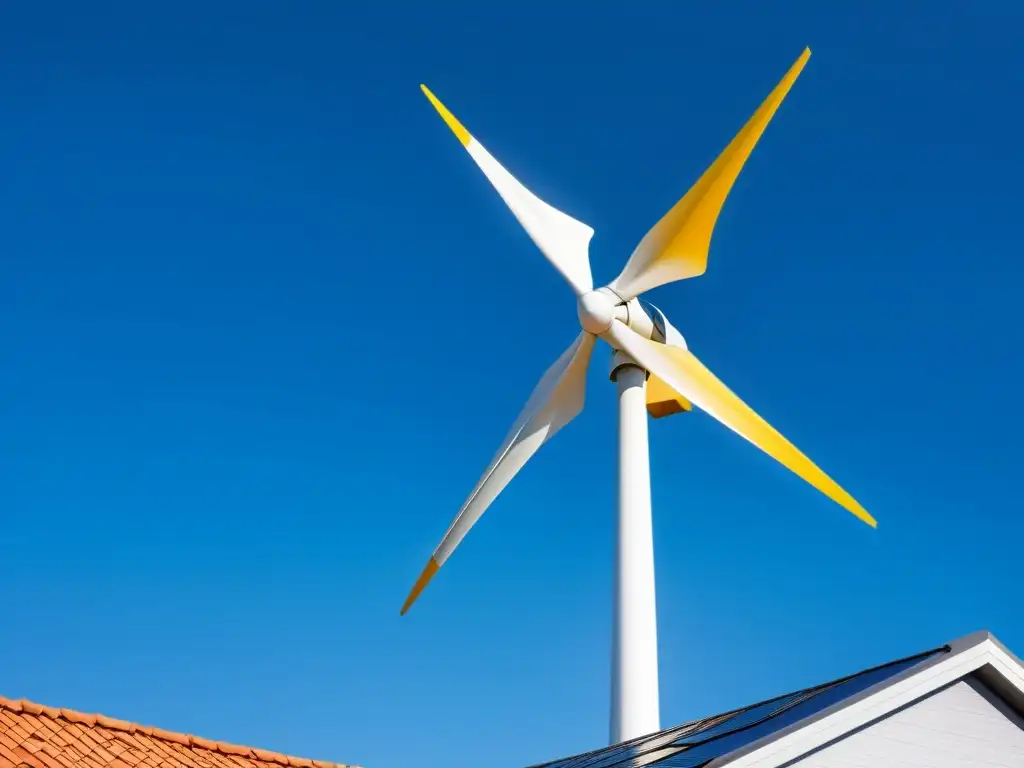 Energía eólica en espacios reducidos: moderno aerogenerador en el tejado de una casa, capturando la energía del viento bajo un cielo azul claro