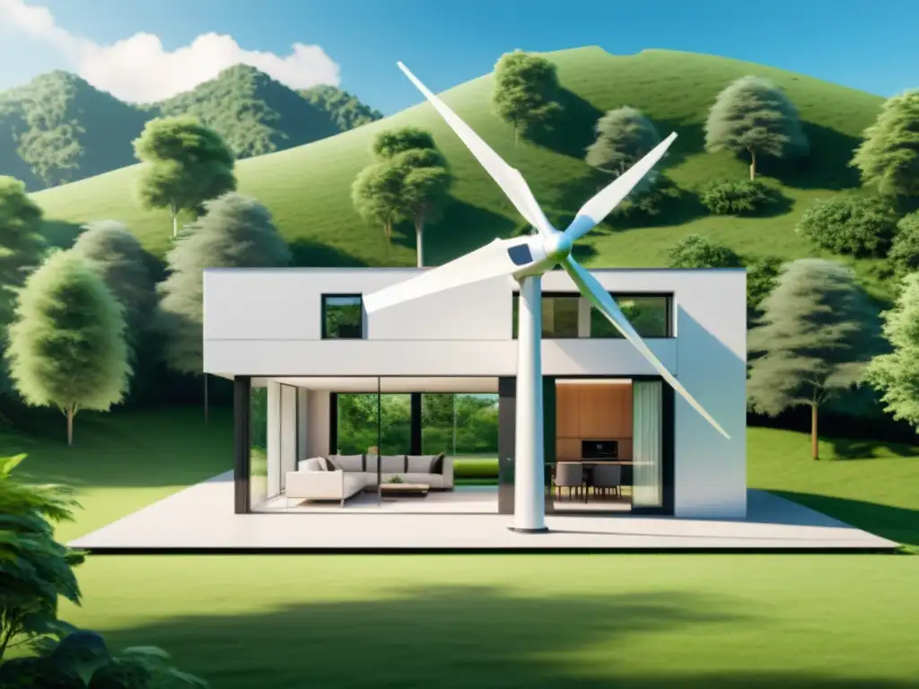 Energía eólica en espacios reducidos: moderna casa con aerogenerador integrado, naturaleza exuberante y diseño ecofriendly