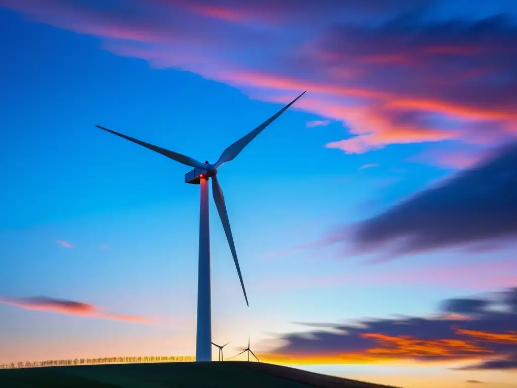 Instalación de energía eólica en un hogar sostenible: turbina eólica moderna en una colina verde, cortando el cielo con sus aspas al atardecer