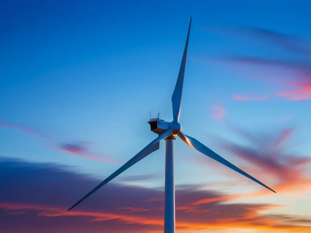 Energía eólica para reducir huella carbono: Impresionante imagen de un moderno aerogenerador en contraluz con un vibrante atardecer