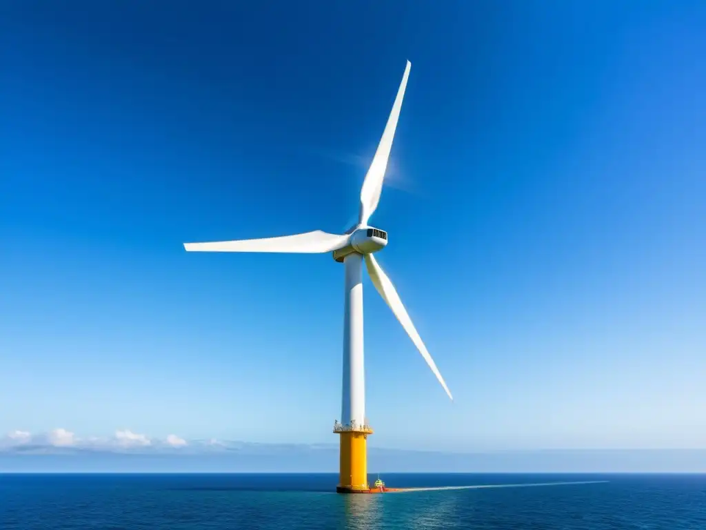 Generación de energía eólica offshore: Imagen impactante de una elegante turbina eólica marina en aguas azules, transmitiendo calma y energía limpia