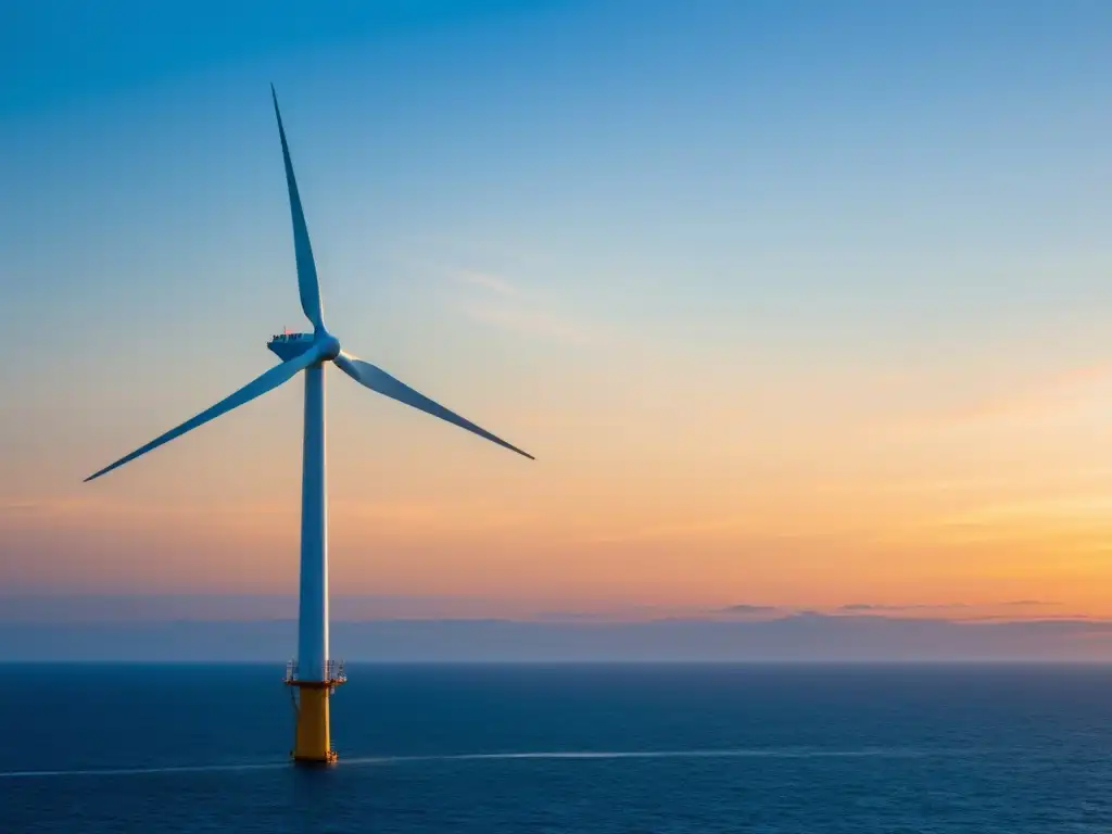 Generación de energía eólica offshore: Imagen minimalista de un aerogenerador en el mar al atardecer, capturando la fuerza del viento