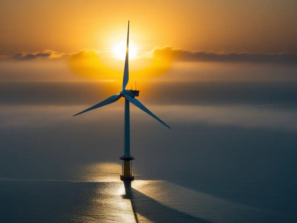 Generación de energía eólica offshore: Imagen impactante de un aerogenerador futurista sobre el mar, bañado por el cálido sol matutino