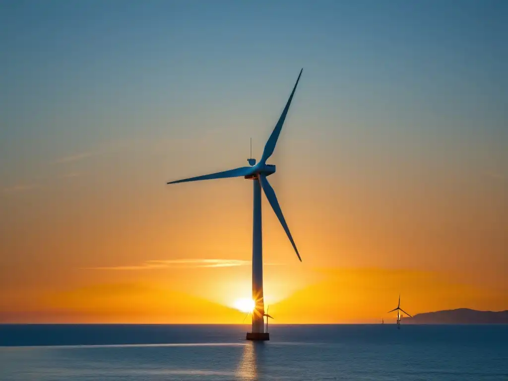 Energía eólica offshore integrada en la red eléctrica: una imagen serena con un moderno molino en las calmadas aguas azules al atardecer