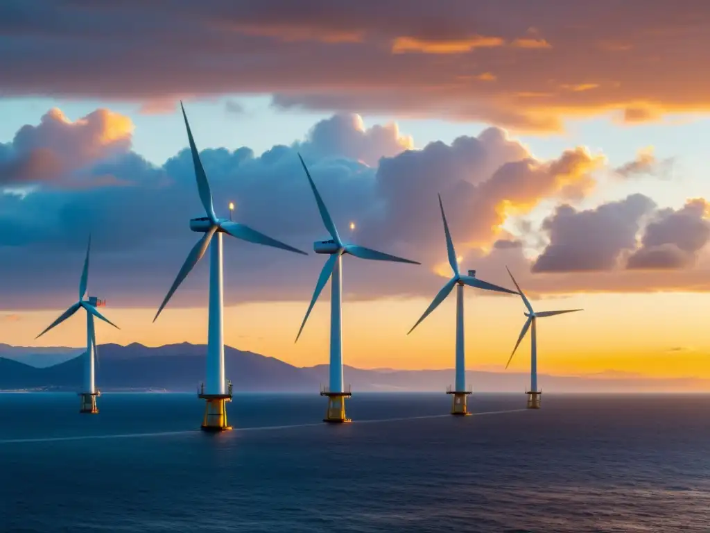 Generación de energía eólica offshore: Majestuoso parque eólico marino al atardecer, con turbinas blancas destacándose contra el cielo dorado y el mar tranquilo