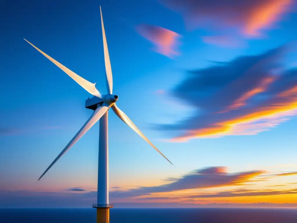 Energía eólica offshore sostenible: Imponente turbina en el mar, captando la energía dinámica del viento bajo un vibrante atardecer en el océano