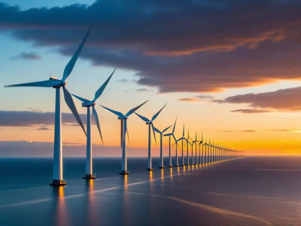 Energía eólica offshore sostenible: Impresionante imagen de un parque eólico futurista en el mar al atardecer, con turbinas captando la luz del sol