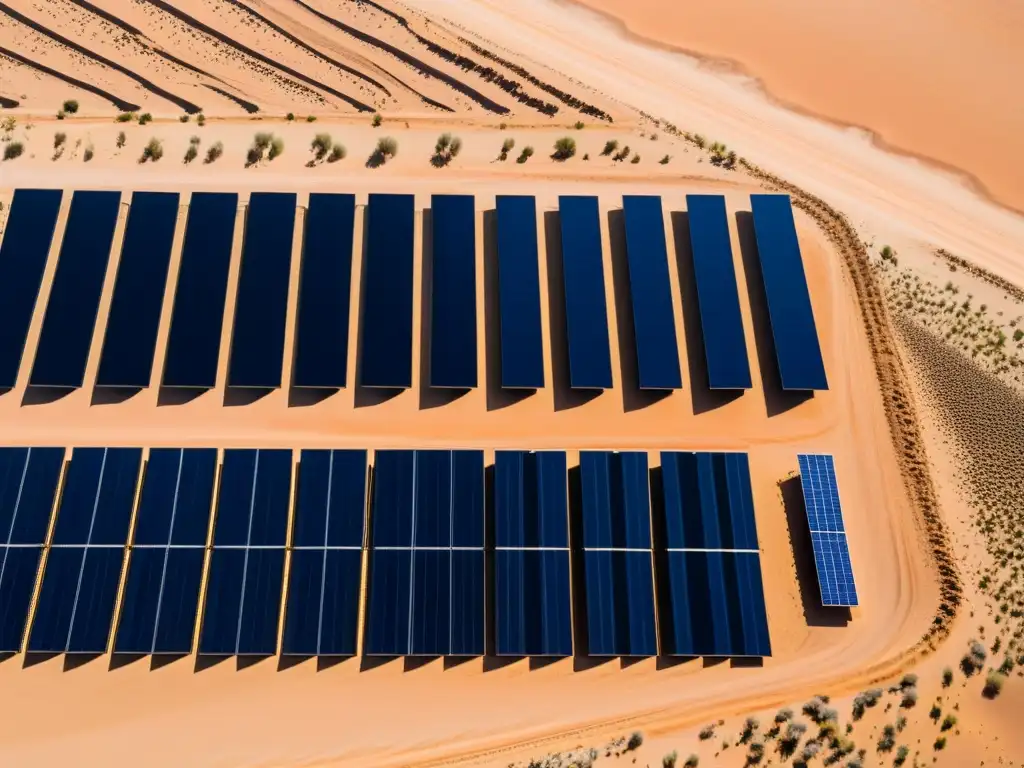 Energía solar en países áridos: Impresionante vista aérea de un extenso campo solar en el desierto, con paneles relucientes y sombras alargadas