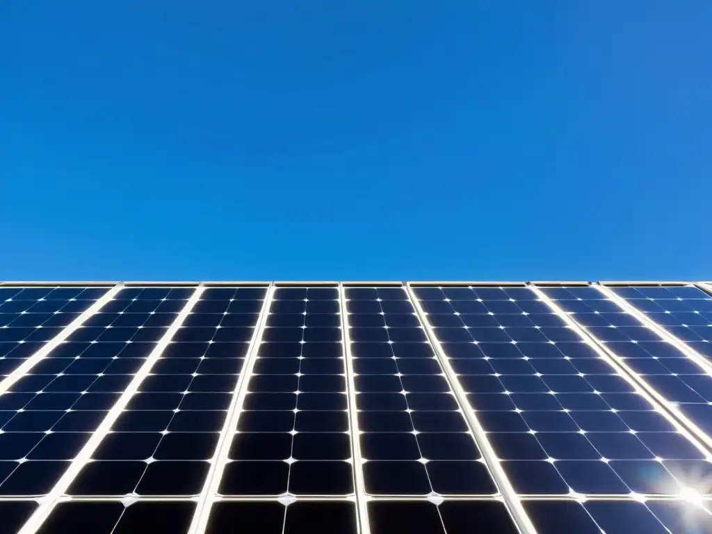 Invertir en energía solar rentable: Paneles solares negros en un tejado moderno, con líneas limpias y simetría, contra un cielo azul despejado