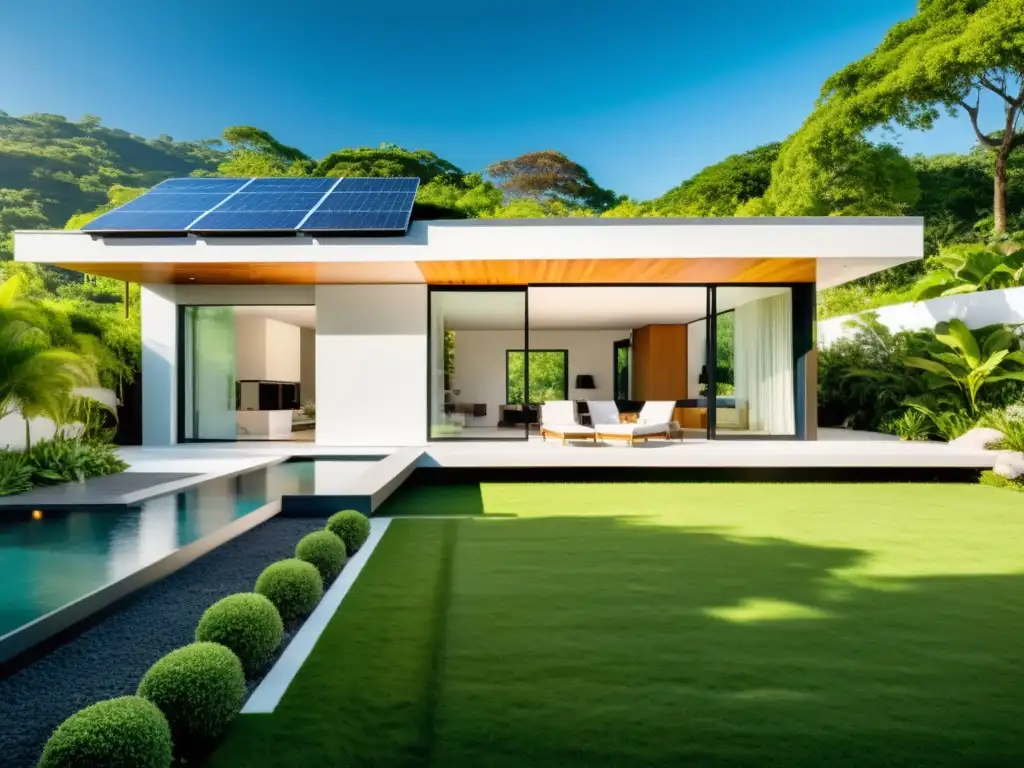 Energía verde para casa sostenible: moderna vivienda energéticamente eficiente con paneles solares, rodeada de exuberante vegetación