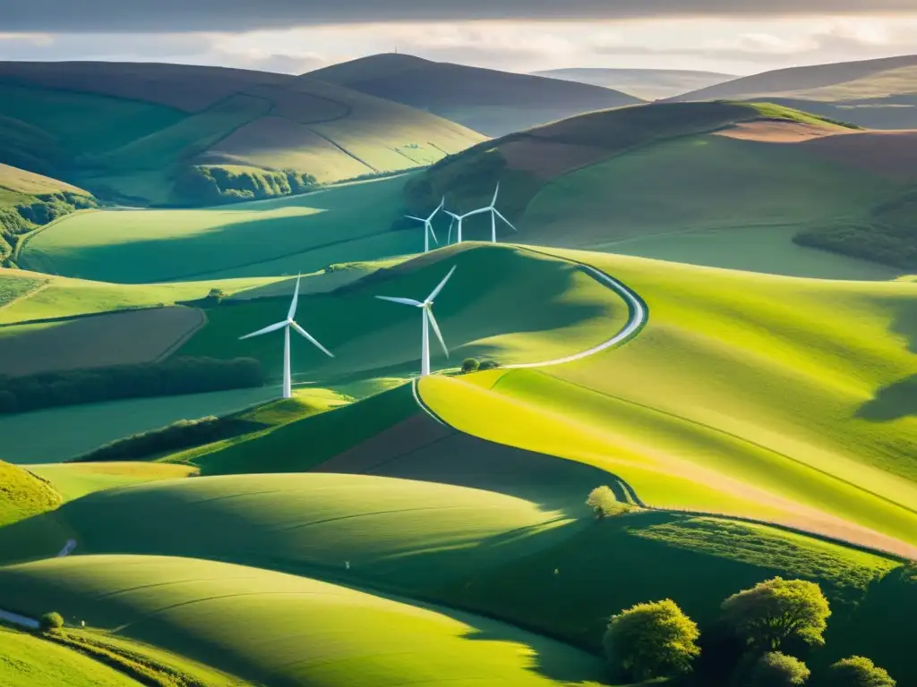 Energía verde en Escocia cero emisiones: tranquilo parque eólico entre verdes colinas, con turbinas blancas girando al sol